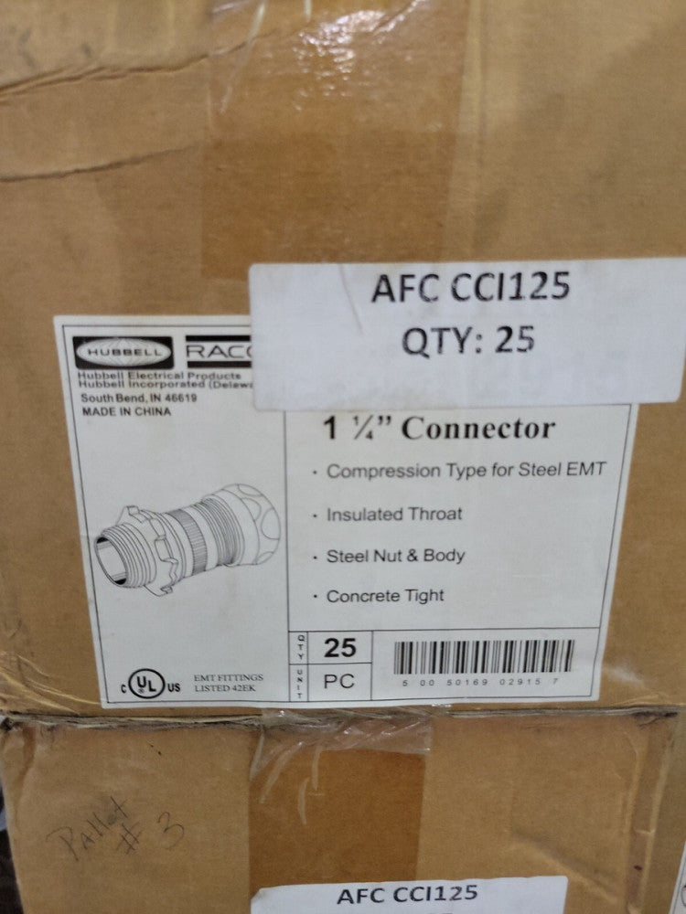 1 BOX OF 25-RACO HUBBEL AFC Cable CCI125 EMT Compression Connector 1-1/4'' Steel