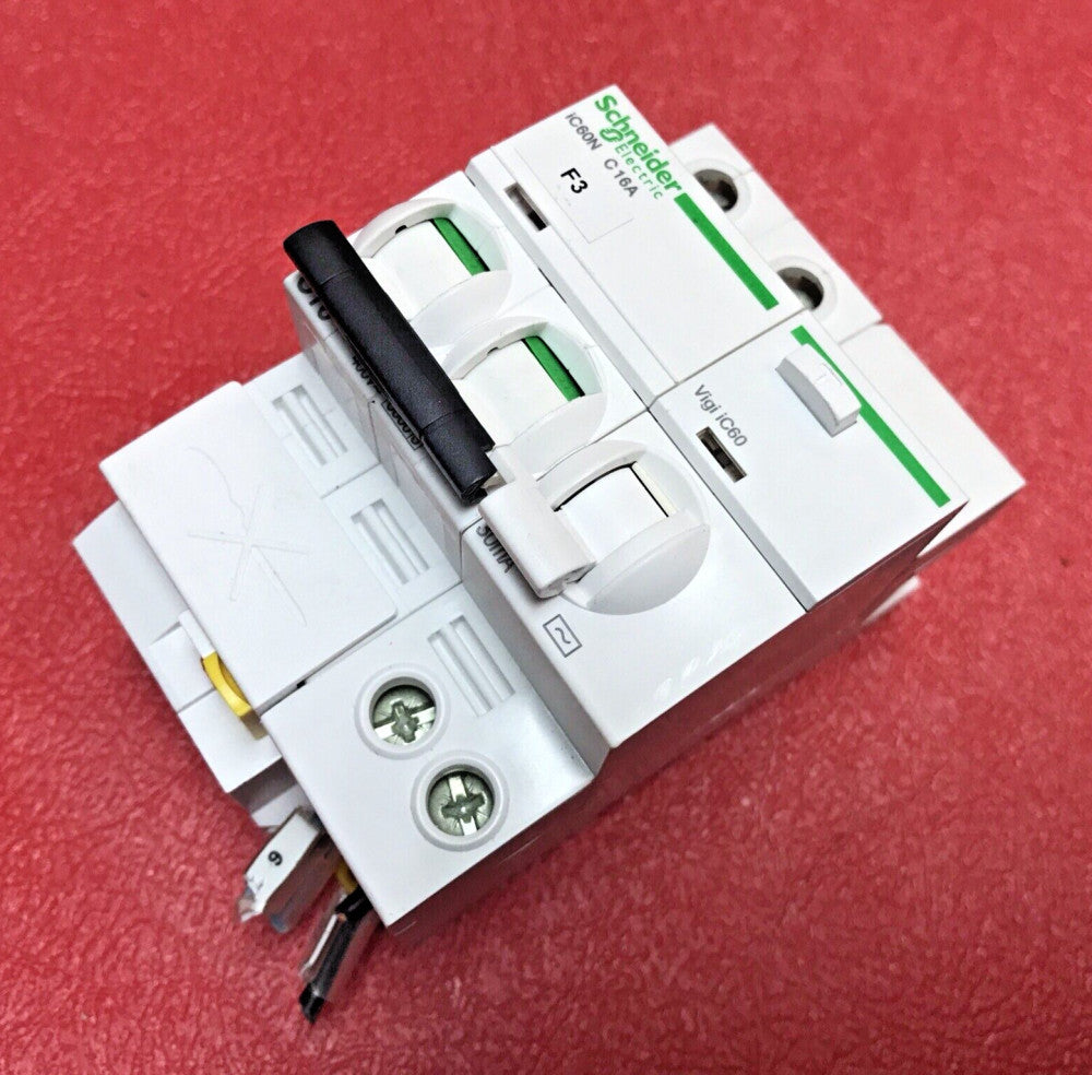 Schneider A9F77216 iC60N C16A Circuit Breaker w/ A9Q11225 Vigi iC60 add-on Block