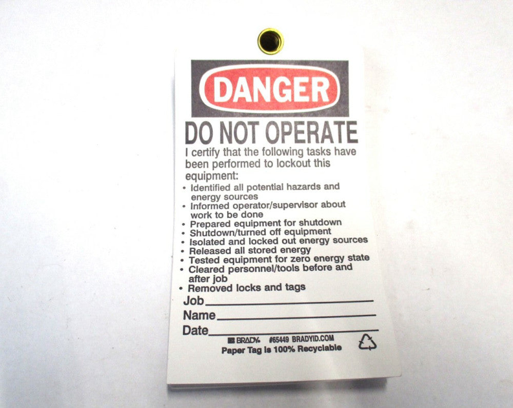Brady (Y88502) 3" W x 5-3/4" H 50lb Withstand Pull Force Danger Tag - Pack of 25
