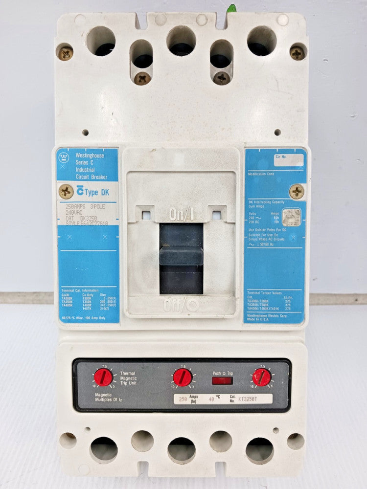 Westinghouse 250 Amp Circuit Breaker 3 Pole 240 VAC 65kA DK3250 W/ 250 Amp Trip