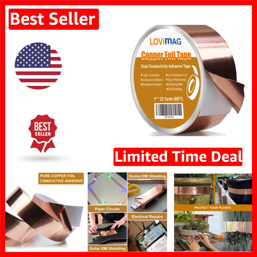 Versatile 1" Copper Foil Tape - 66 FT for Crafting, Electrical Repairs & Plants