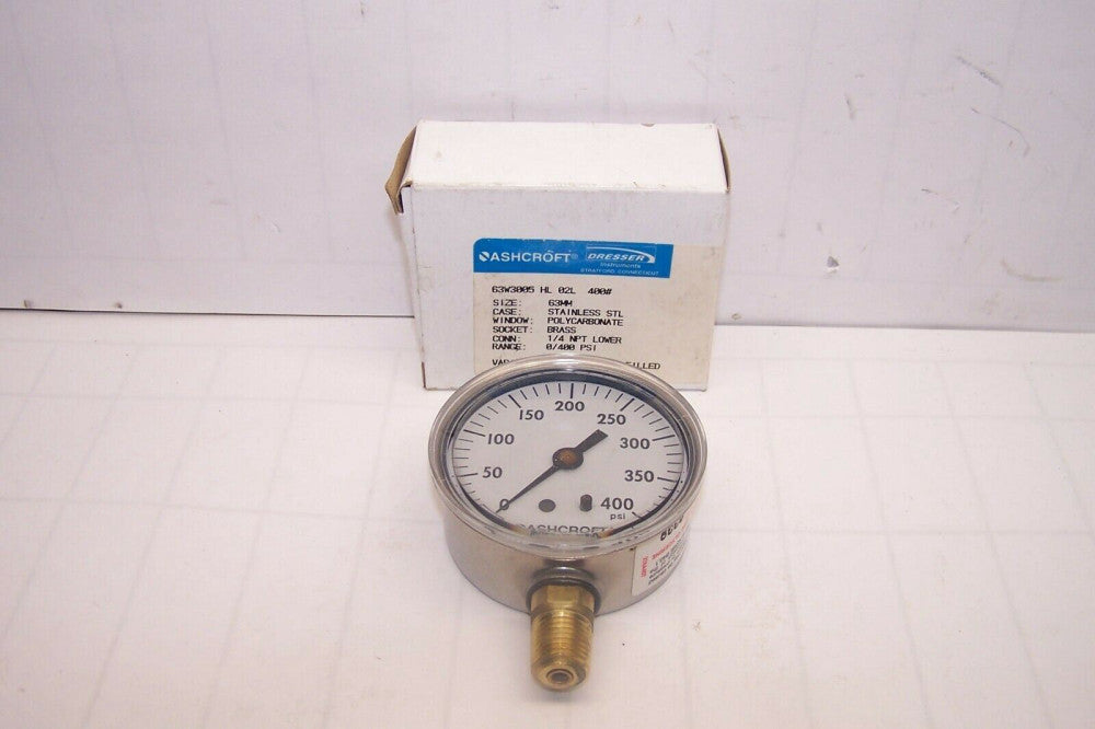 NEW ASHCROFT STAINLESS PRESSURE GAUGE 63W3005 HL 02L 400# 1/4"NPT