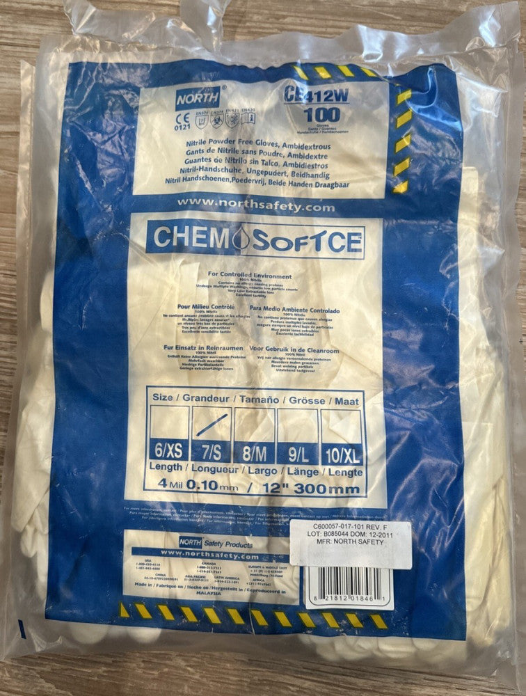 (100) North Chemsoft 12" Laboratory Gloves CE412W, Size 7/ S/ Small, Nitrile