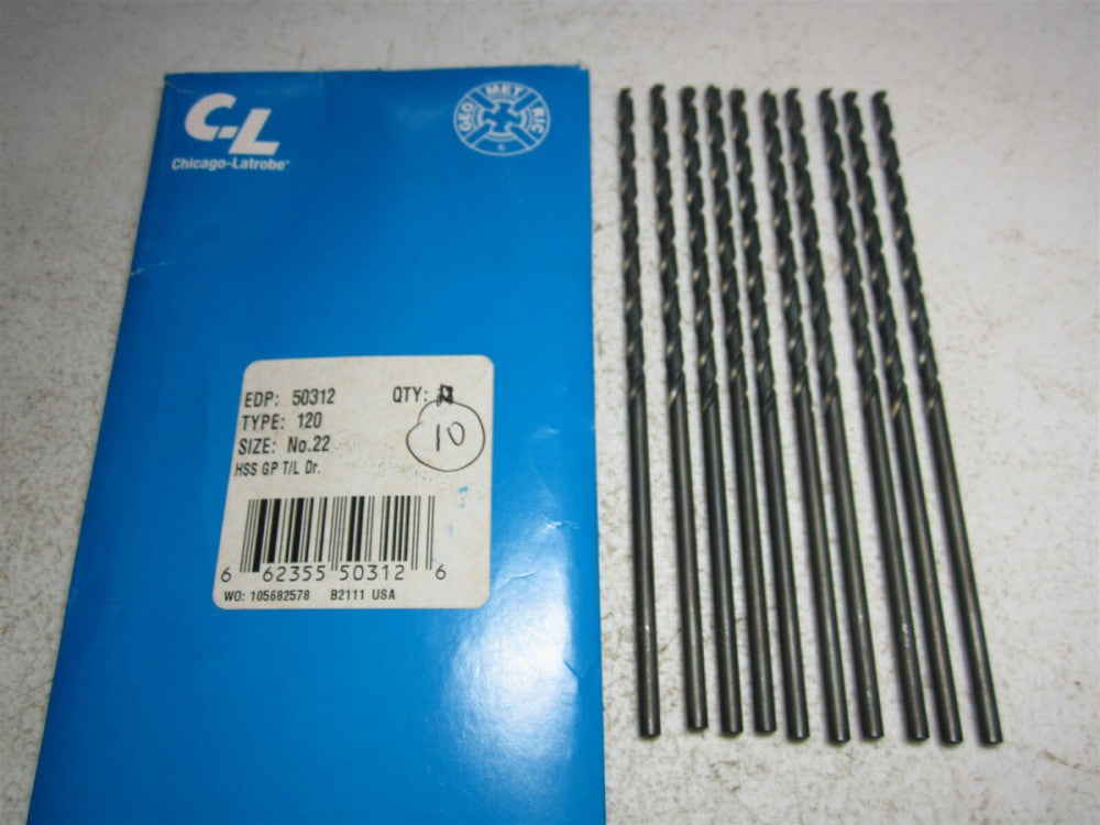 Chicago - Latrobe (50312) #22 118° Spiral Fl HSS Taper Length Drill Bit - Qty 10