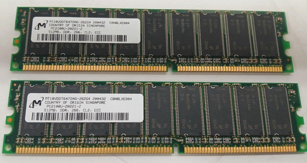 MICRON MT 18VDDT6472AG DDR SERVER RAM MODULE CL2 NON ECC 512 MB  LOT OF 2