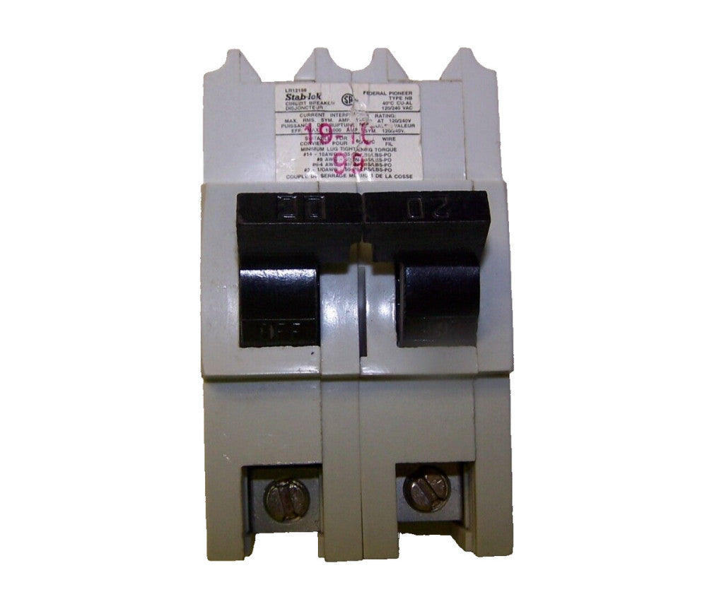 FEDERAL PIONEER 20 AMP STAB-LOK CIRCUIT BREAKER 2 POLE 240 VAC TYPE NB  LR12188