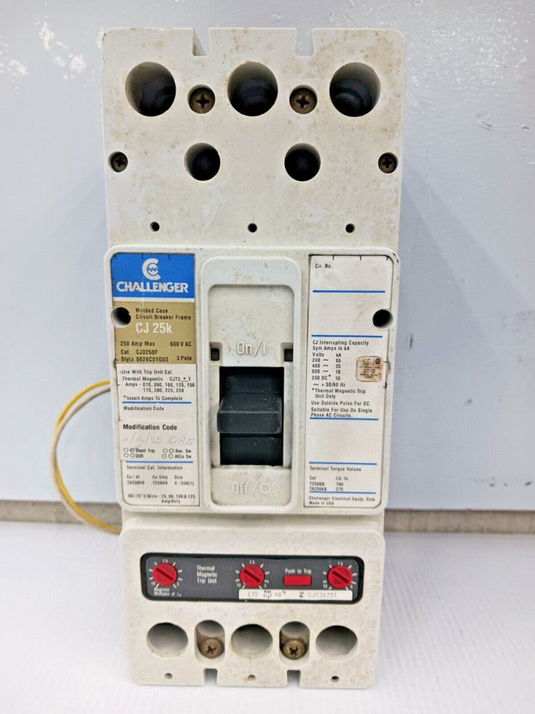 CHALLENGER 250 AMP CIRCUIT BREAKER 3P 600V CJ3250F W/ 175 A TRIP AND SHUNT TRIP