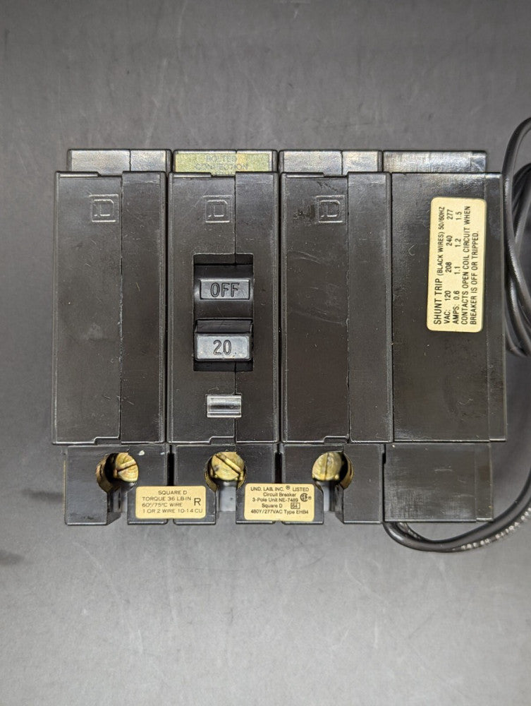 Square D EHB340201082 3 Pole 480V 20 Amp Bolt On Breaker 120/277VAC Shunt Trip