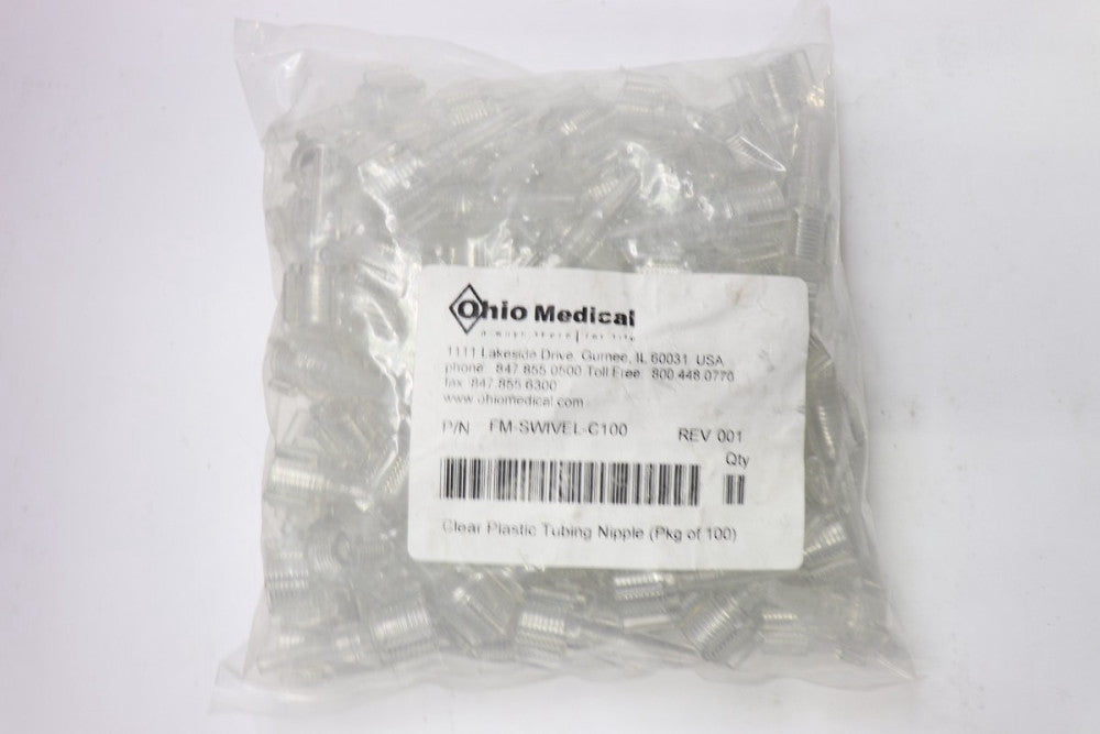 (100-Pk) Ohio Medical Tubing Nipple Swivel Plastic Clear FM-SWIVEL-C100