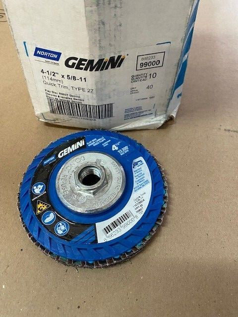 10 PACK Norton 66623399000 4-1/2x5/8-11” Gemini R766 AO ZA Type 27 Flap Disc 40G