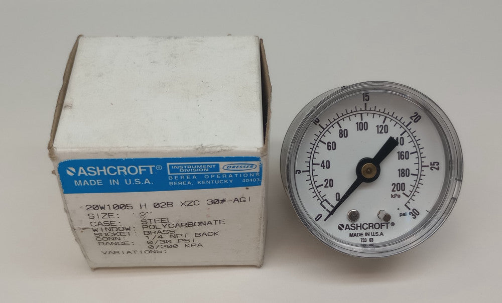Ashcroft 20W1005 H 02B XZC 30#-AGI Pressure Gauge 2" Steel 1/4 NPT Back 0-30 PSI