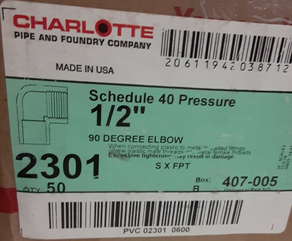 BRAND NEW charlotte sch 40 90 degree elbow 2301, 407-005 (50 PC LOT) 