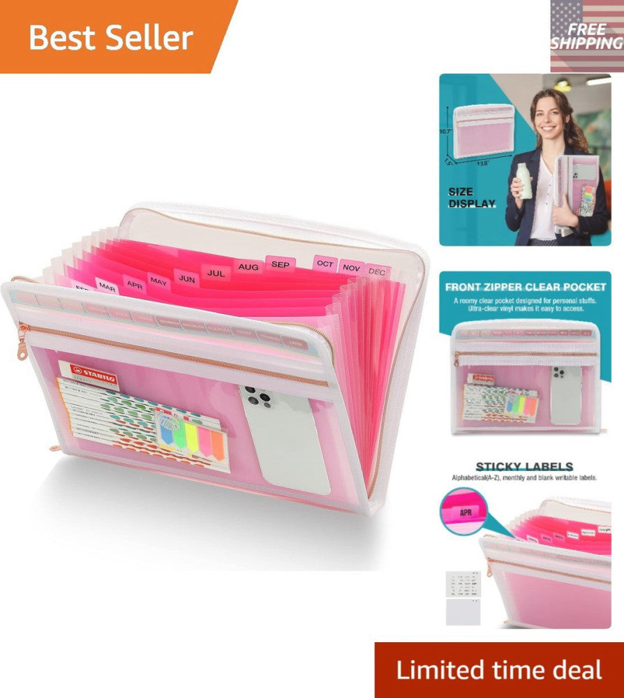 13 Pocket Accordion Files with Zipper - Stylish Pink Organizer for Home & Office