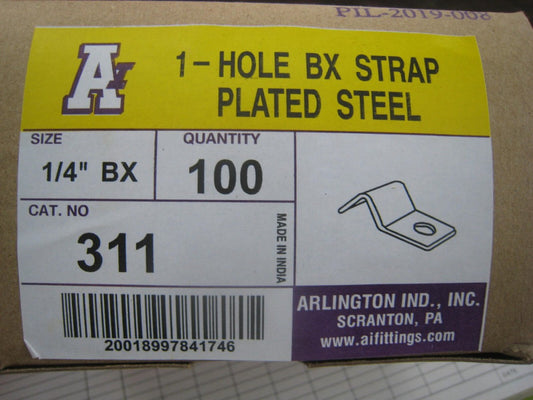 100 Arlington 311   1/4"  1-Hole BX Strap for 1/4" Rigid Pipe Plated steel