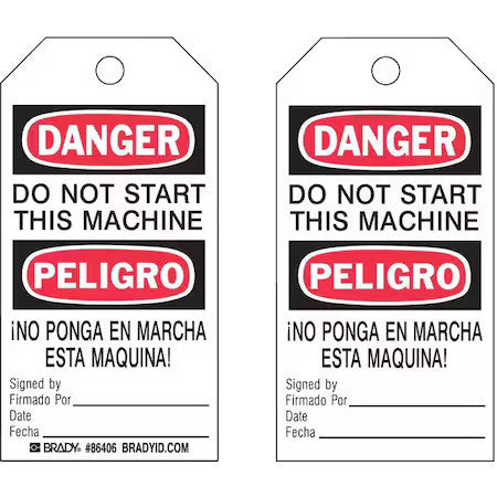Brady 86406 Danger Bilingual Tag, Cleaning And Maintenance, 5 3/4 In H X 3 In