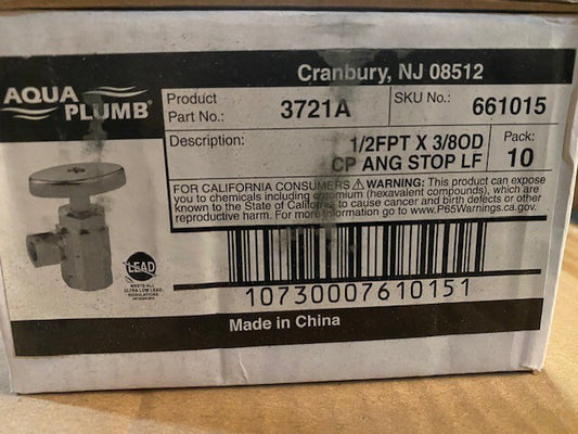 10 PACK Aqua Plumb 3721A 1/2FPT x 3/8Od CP ANG Stop Lf Shutoff Valves Stop Valve