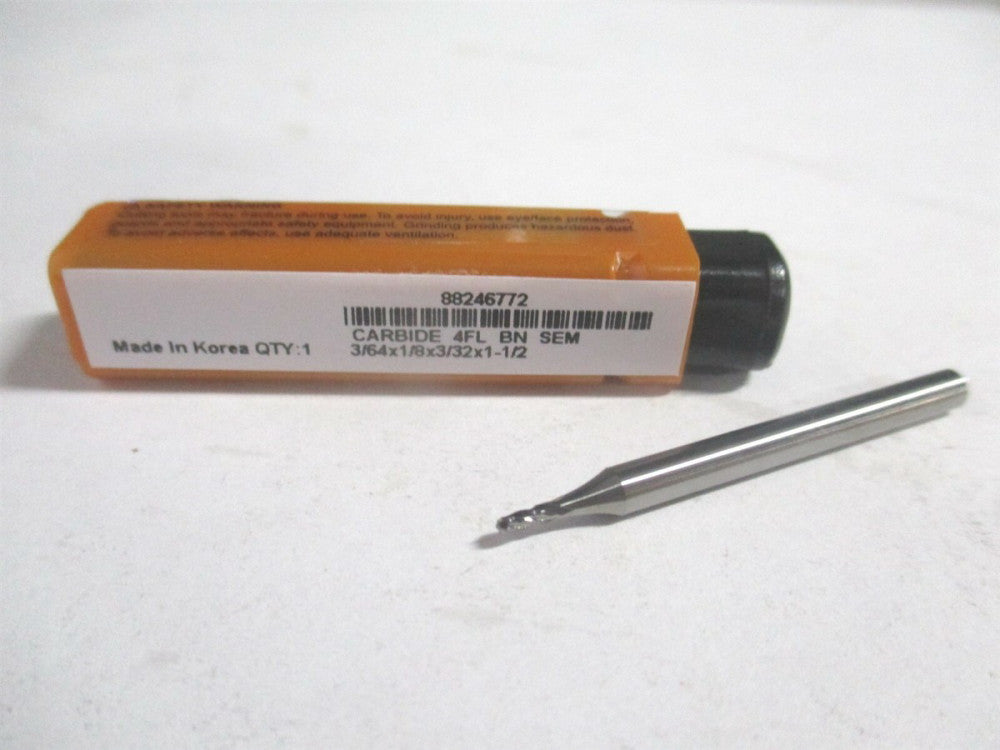 (E599924512) 3/64" x 3/32" x 1/8" x 1-1/2" OAL Solid Carbide 4Fl Ball End Mill 
