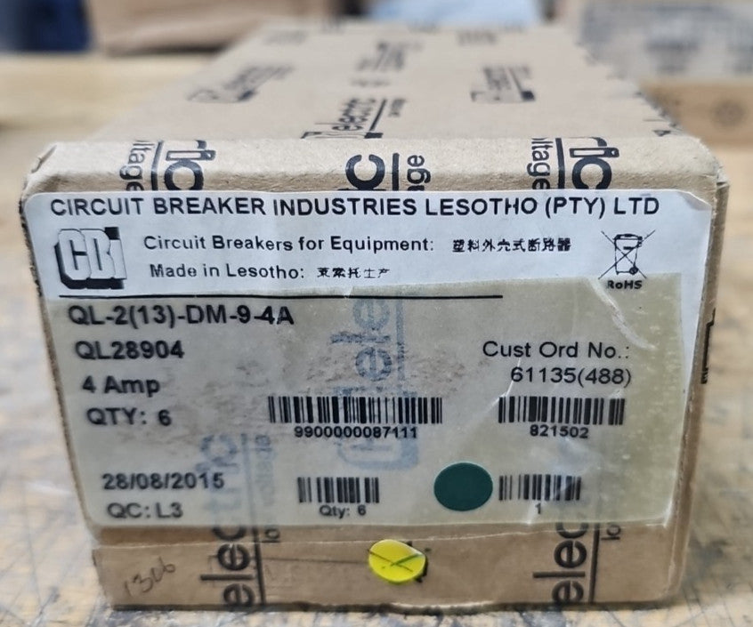 1) Box of 6 CBI 4A Circuit Breakers QL28904 2 Pole Units