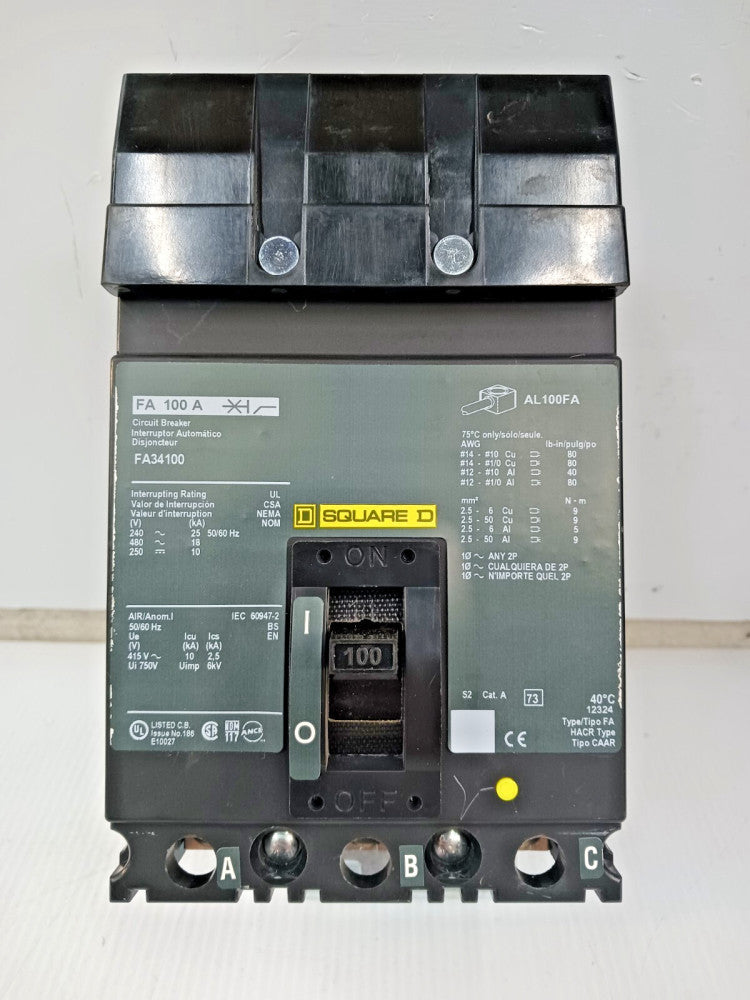 Square D 100 Amp I-Line Circuit Breaker 3 Pole 480 VAC / 250 VDC 18kA FA34100