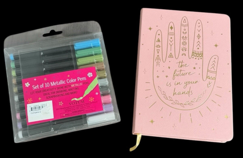 10 Metallic Color Pens & Pink 6x8 Faux Leather Journal Celestial Hand 128 Sheets