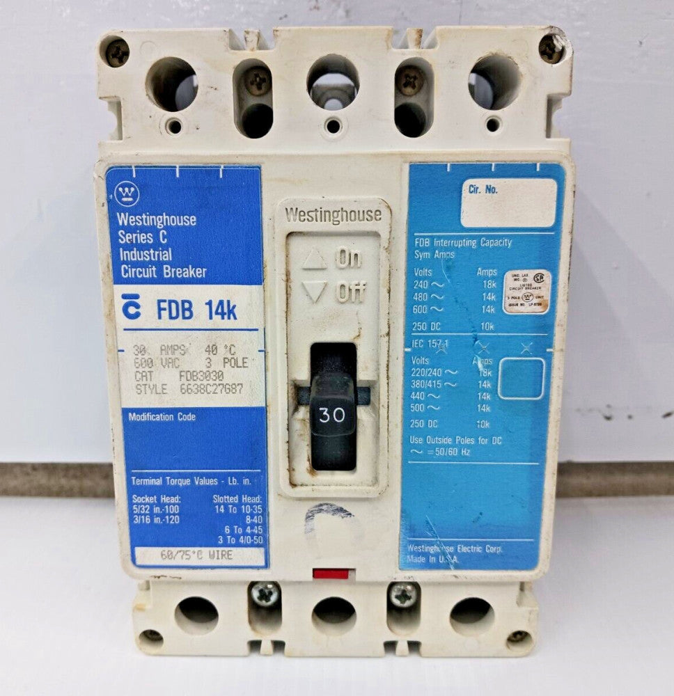 WESTINGHOUSE 30 AMP CIRCUIT BREAKER 3 POLE 600 VAC 18kA @ 240V FDB3030