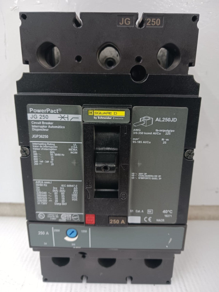 SQUARE D 250 AMP POWERPACT CIRCUIT BREAKER 3 POLE 600 VAC / 250 VDC JGP36250