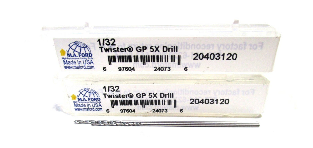 M.A. Ford (20403120) 1/32 x 3/8 x 1-1/2 118° RH Carbide Jobber Drill - Lot of 2