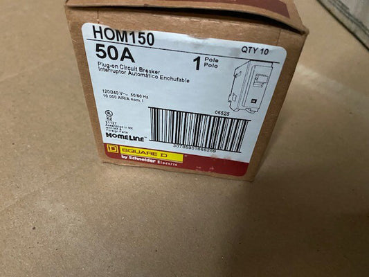 (Box of 10) Square D HOM 50A Plug-On Circuit Breakers HOM150 1 Pole (NEW)