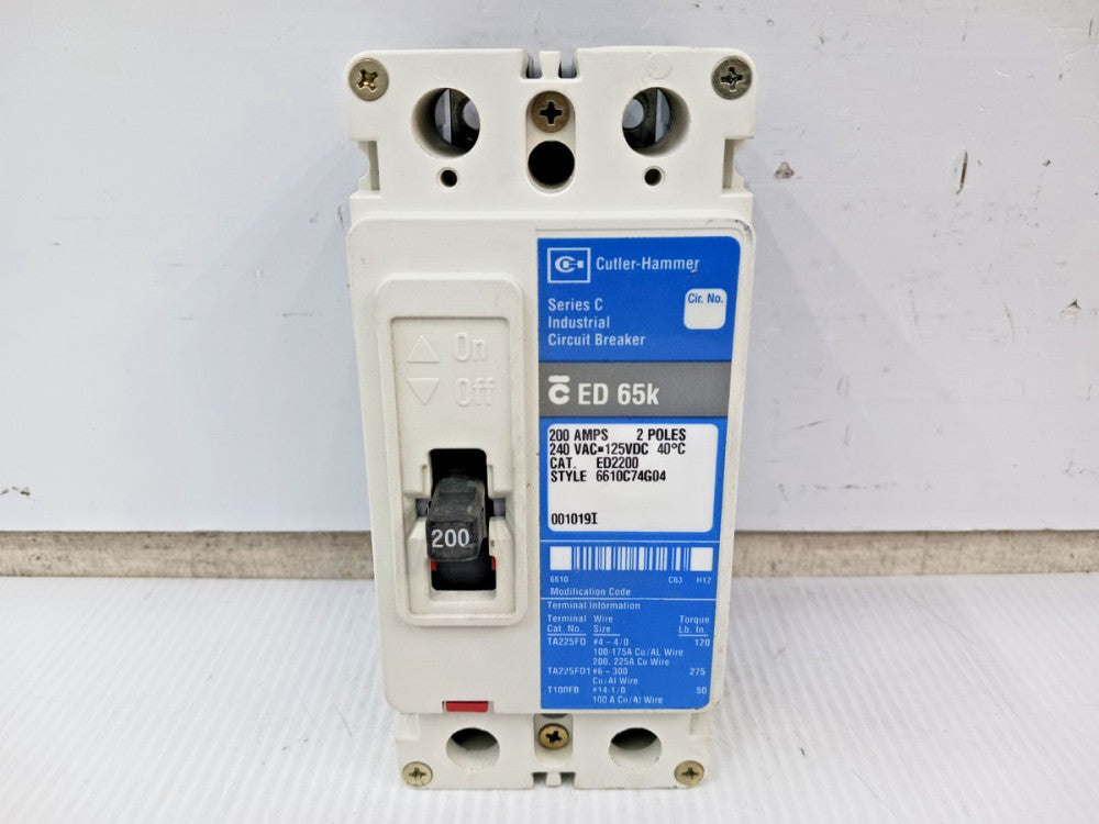 Cutler Hammer 200 Amp Circuit Breaker 2 Pole 240 VAC / 125 VDC 65kA ED2200