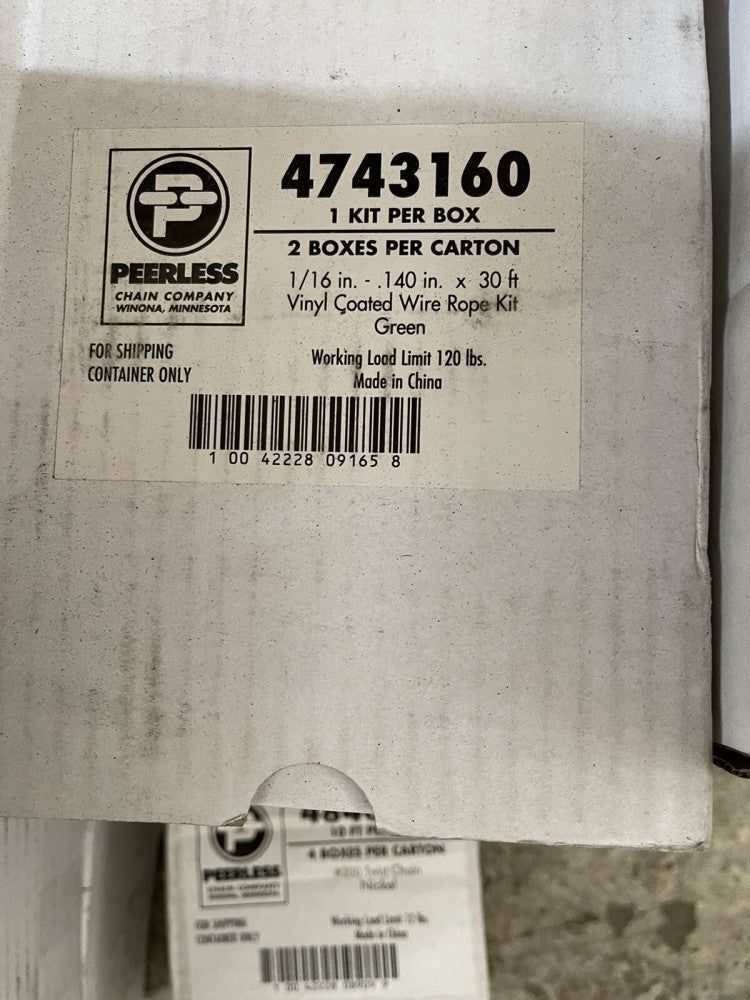 PEERLESS 1/16"-.140" X 30' VINYL COATED WIRE ROPE KIT GREEN 120 LBS (2 PER CASE)