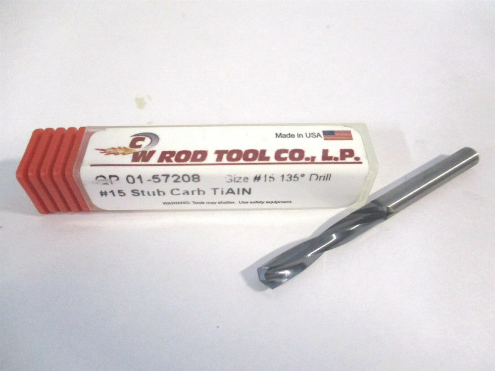 W Rod Tool Co. (01-57208) #15 135° TiAlN Solid Carbide Stub Drill Bit 