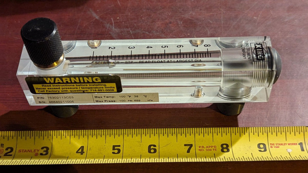 King Instruments 75302113C03 Flowmeter 0-8 SCFM 100psi Max 100°F Max