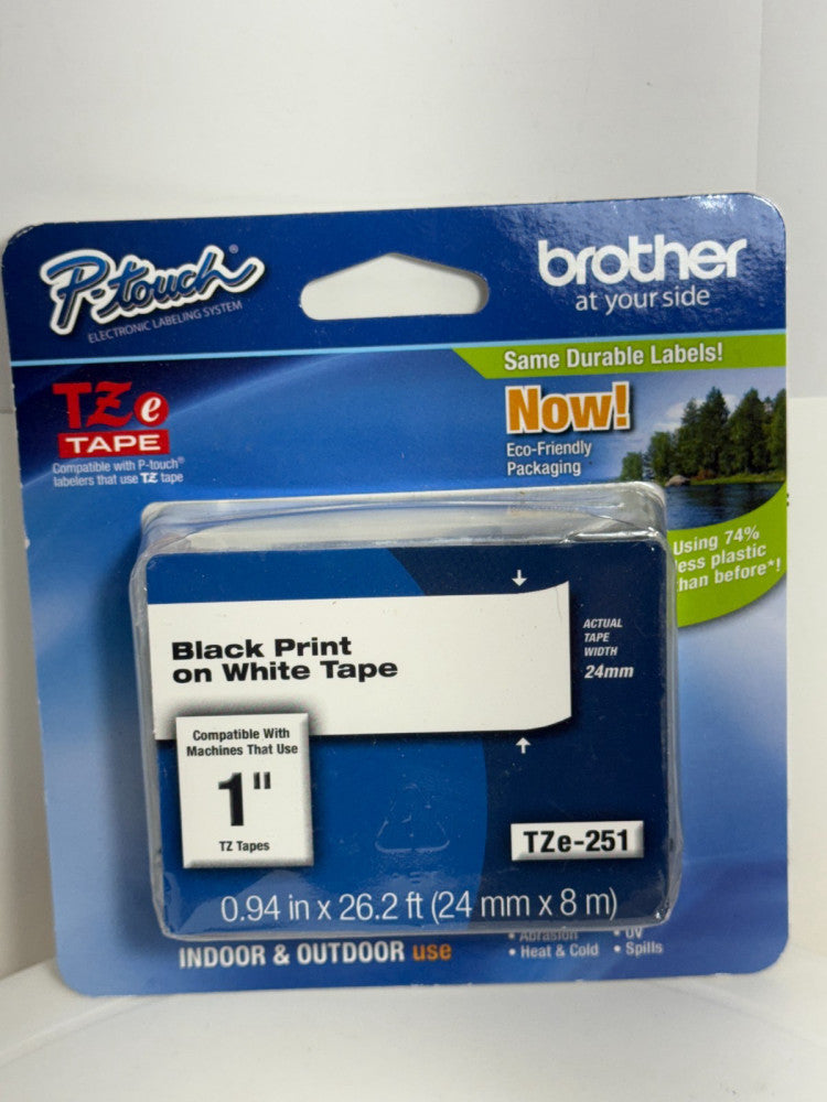 Brother P-Touch Labeler TZe Tape TZe-251 Black Print on White Tape 1" 24mm