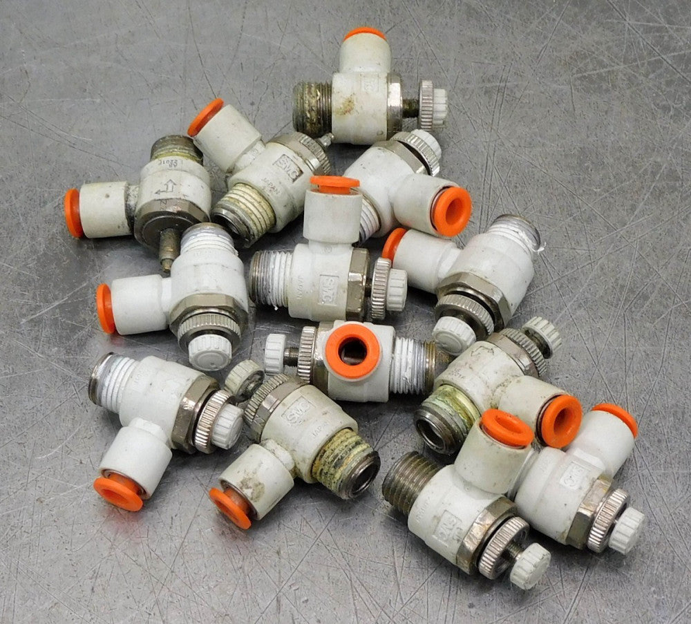 Lot of Thirteen (13) SMC AS2201F Flow Control Valve 1/4" DIA 1/4" NPT 90° Elbow