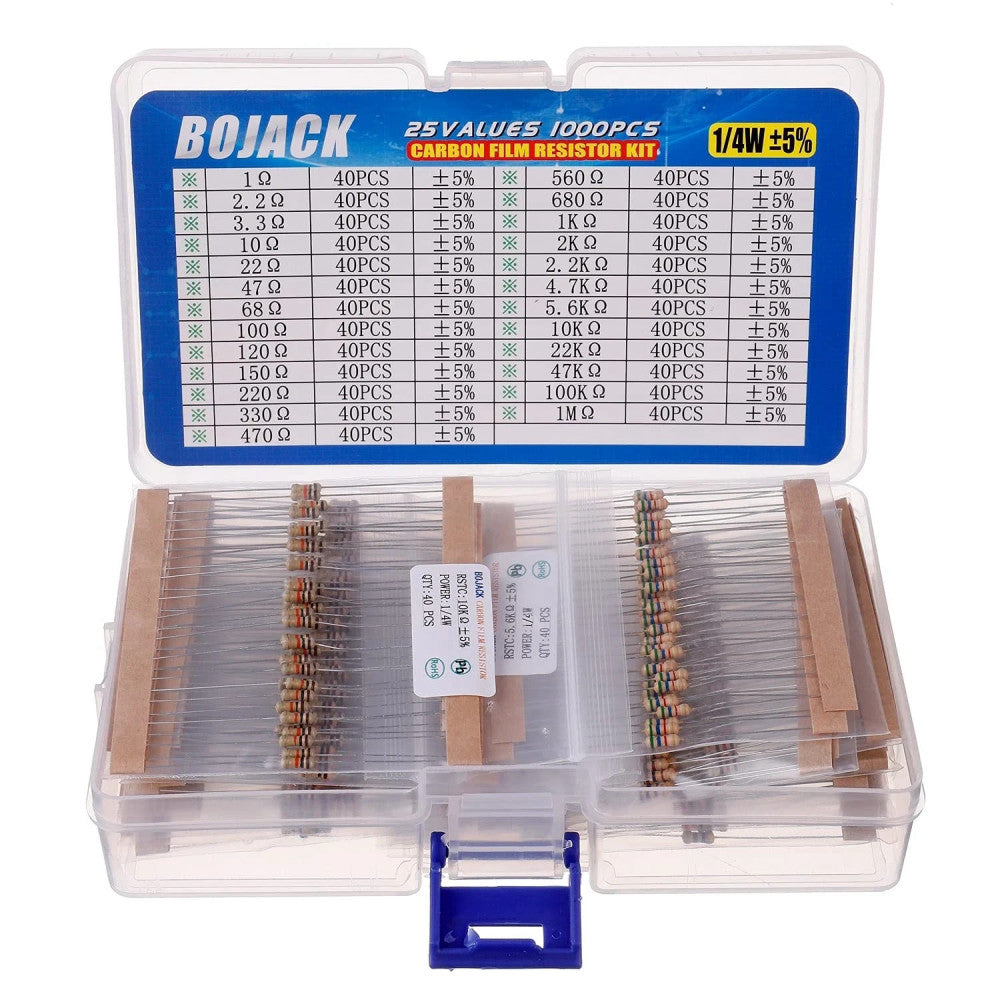 1000 Pcs 25 Values Resistor Kit 1 Ohm-1M Ohm with 5% 1/4W Carbon,Film Resistors
