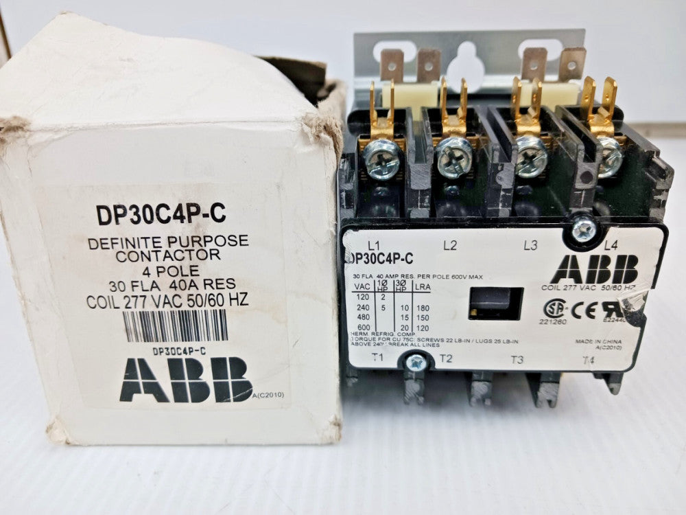 ABB 30 AMP DEFINITE PURPOSE CONTACTOR 4 POLE 277V COIL 20 HP DP30C4P-C (FLAW)