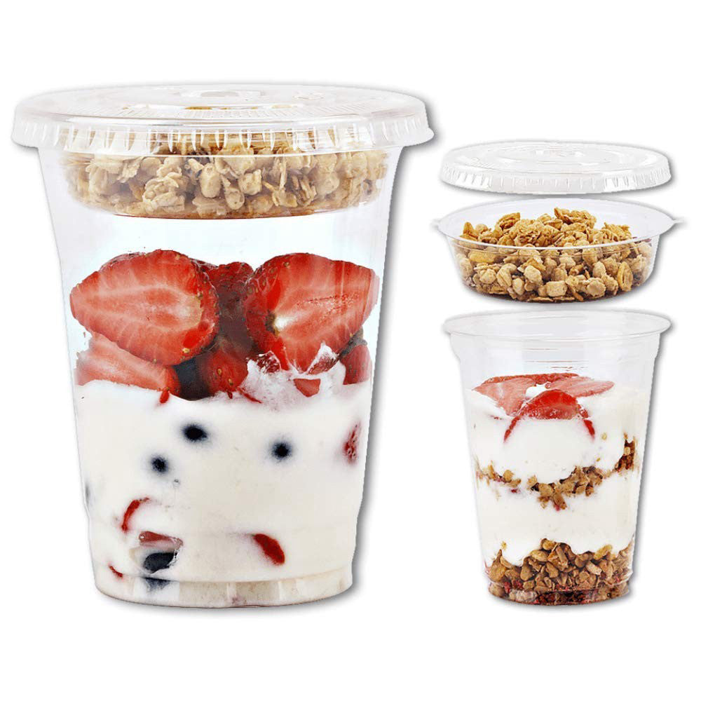 12 oz Clear Plastic Parfait Cups with Insert 3.25oz & Flat Lids No Hole - (50...