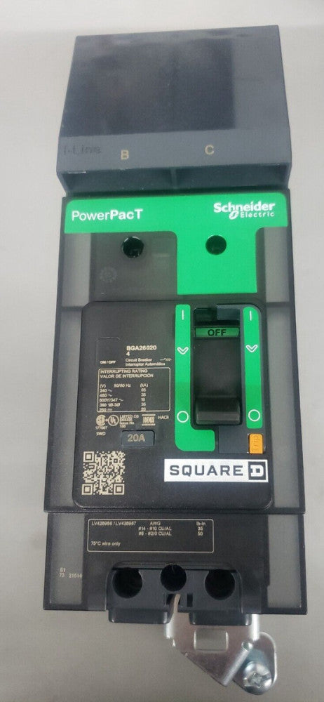 NEW TAKE OUT! SQUARE D BGA260204 480V 2 P 20 A POWERPACT I-LINE BREAKER