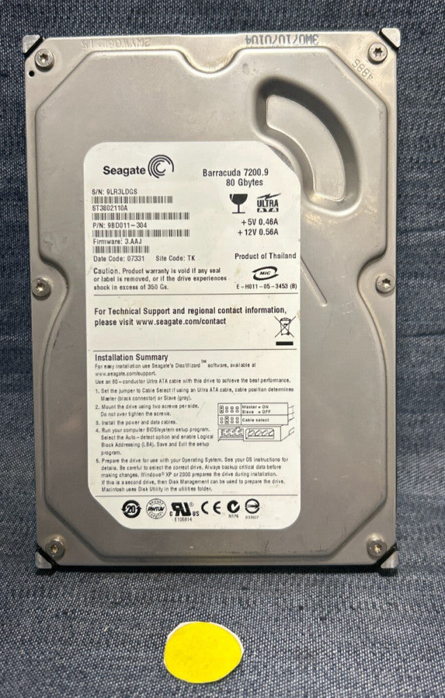 SEAGATE HARD DRIVE 9BD011-304  80GB   +5V 0.46A +12V 0.56A