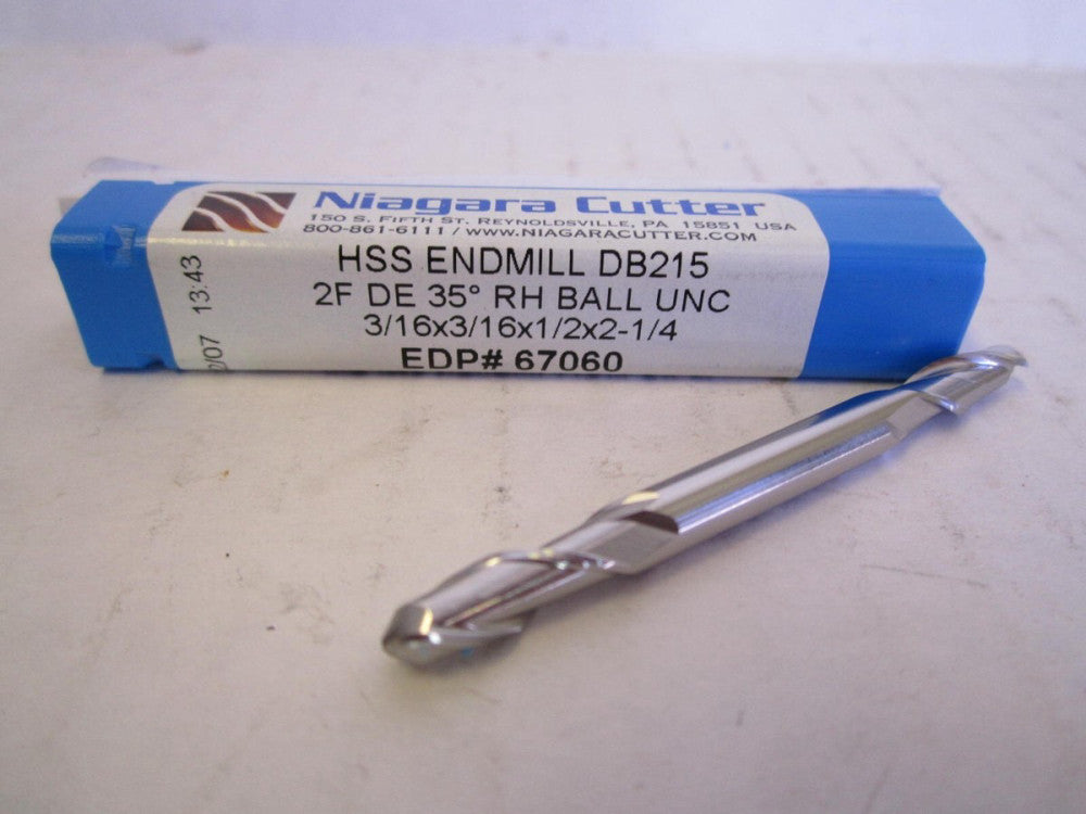Niagara 3/16 x 3/16 x 1/2 x 2-1/4" Double Ball End HSS 2-Flute Endmill 67060 New