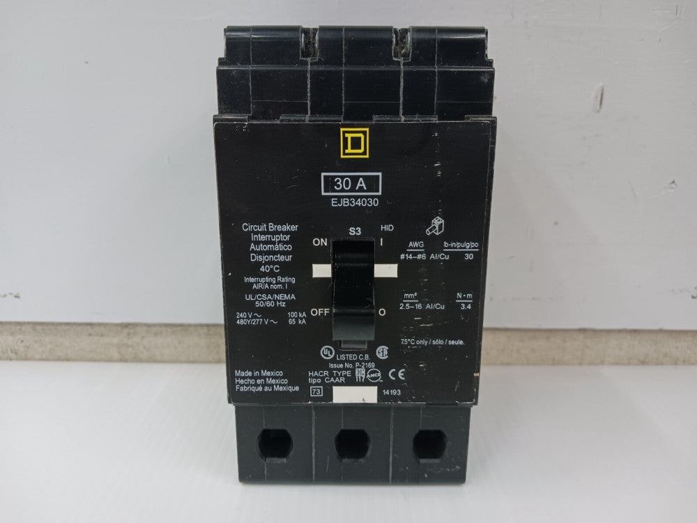 Square D 30 Amp Bolt-On Circuit Breaker 3 Pole 480Y/277 VAC 65kA EJB34030