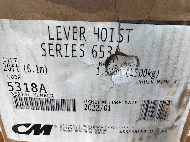 COLUMBUS MCKINNON Hoist, Lever, 653A, 1.5T, 20FT (5318A)
