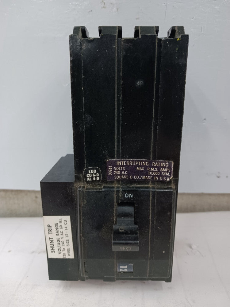 SQUARE D 90 AMP SHUNT TRIP CIRCUIT BREAKER 3 POLE 240 VAC Q1B390ST-S