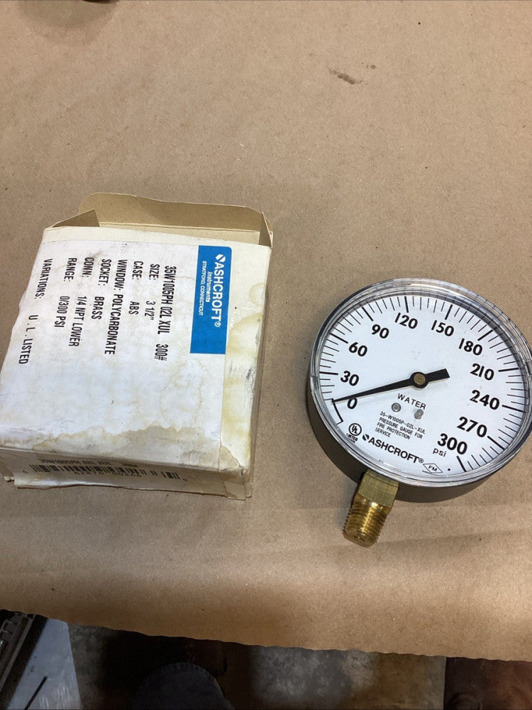 NIB ASHCROFT 35W 1005PH PRESSURE GAUGE 3-1/2”, 0-300 , 1/4" NPT