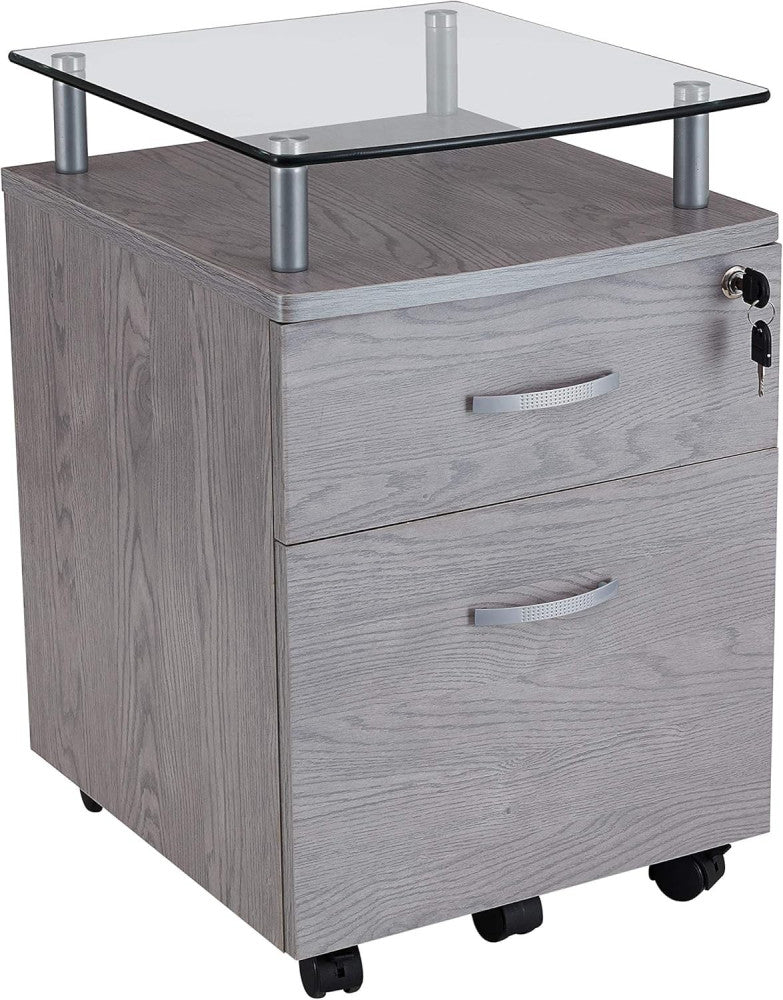 2-Drawer Rolling File Cabinet with Lock and Glass Top, Under Regular, Grey 