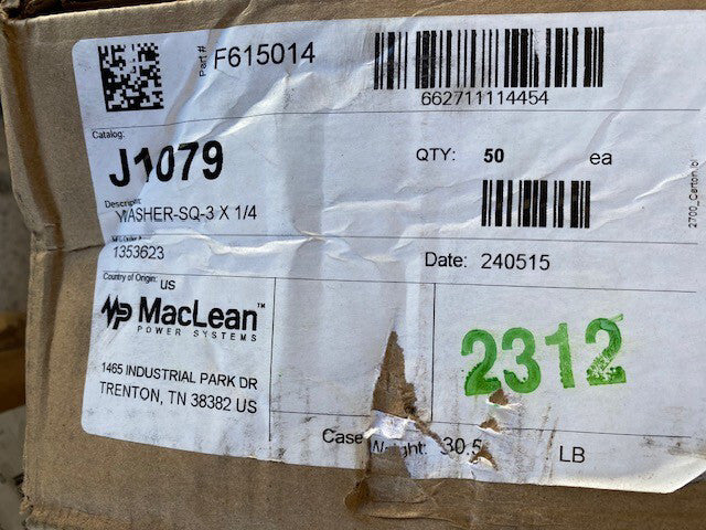 (Case of 50) Maclean J1079 Square Washer 3 x 1/4
