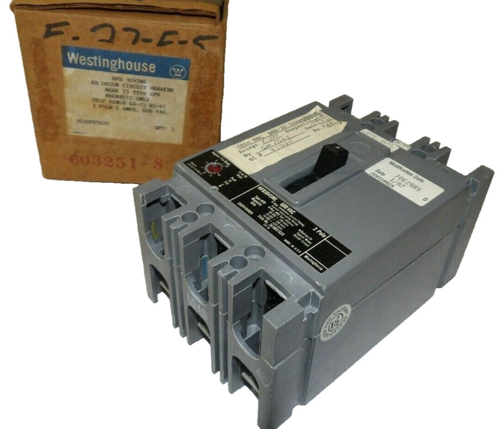 WESTINGHOUSE 5 AMP 3 POLE CIRCUIT BREAKER W/ ADJUSTABLE TRIP 600 VAC HFB3045ML
