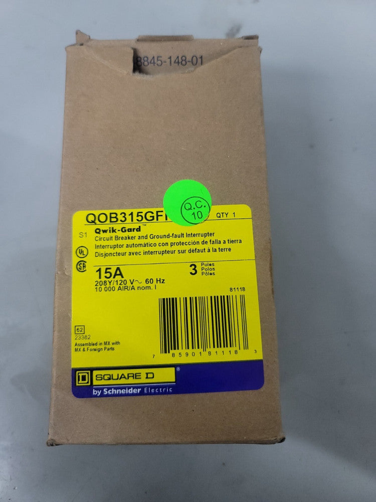 NEW Square D QOB315GFI Bolt On  Breaker 15A 3P 208Y/120V QOB Ground Fault