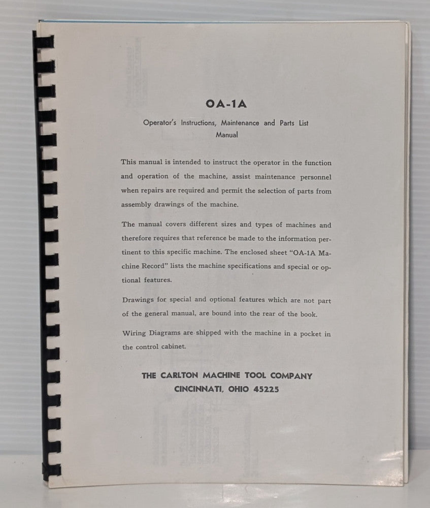 Carlton Machine Tool OA-1A Operator Instructions, Maintenance, Parts List Manual