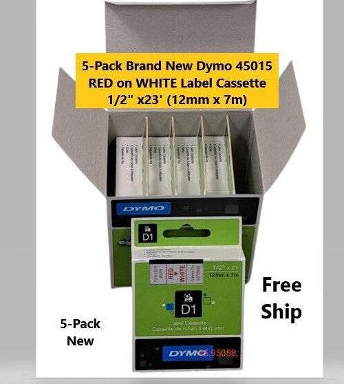 5-Pk OEM Dymo 45015 RED on WHITE Label Tape Cassette for Dymo Pocket D1 Labeler